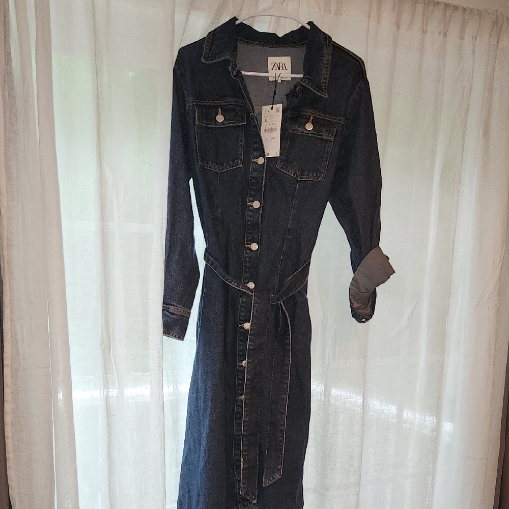 Zara Blue Long Sleeve Notched Collar Shirt Dress